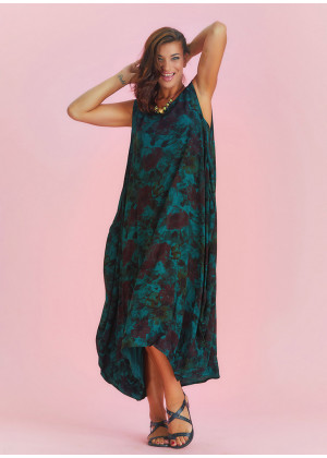 Batik Desenli Bohem Kayık Yaka Cepli Uzun Günlük Elbise