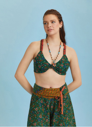 Bohem Stil Yeşil Çiçek Desen Bağlamalı Bralet Crop Bluz