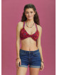 Bohem Stil Kırmızı Çiçek Desen Bağlamalı Bralet Crop Bluz