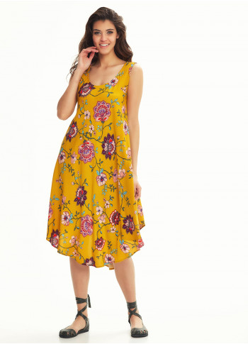 Scoop Neck Round Hem Sleeveless Mustard Flowering Dress | Los Banditos